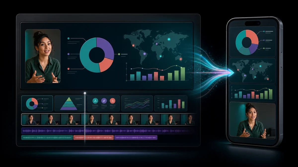Illustration of a screen presentation, webcam recording, and a mobile video layout